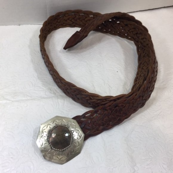 VTG Moroccan Brown Leather Braided Belt w/Octagon Silver Toned Brass Buckle main image 6